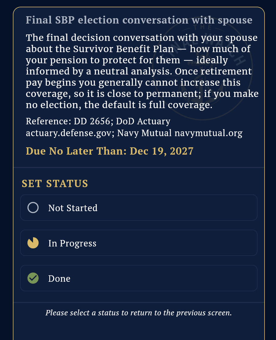 A single item opened: the final Survivor Benefit Plan election conversation, with a plain-language explanation, the DD 2656 and DoD Actuary references, and a due-no-later-than date.